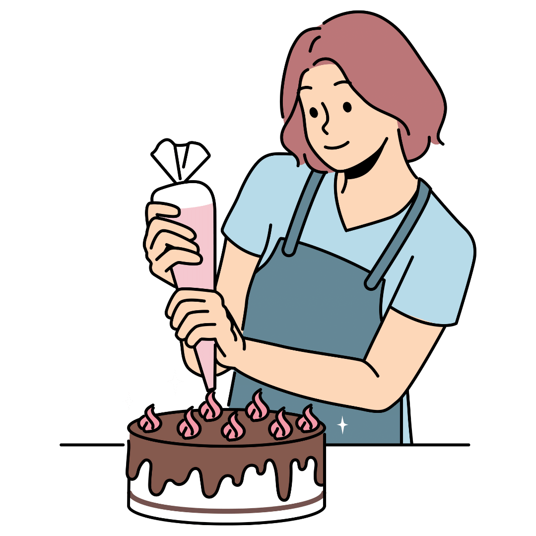 Ilustração de confeiteira decorando bolo